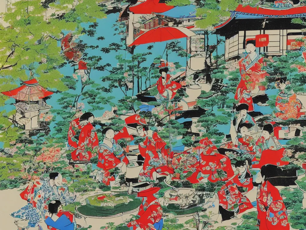 Image similar to close - up traditional japanese home with a garden, a pond in the garden, startroopers are sitting around the pond, a combination of pop - art and traditional japanese painting styles, the style of andy warhol and jackie tsai, bright palette, acrylic on canvas