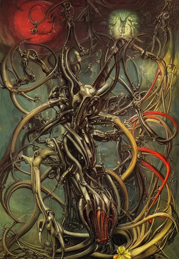 Prompt: simplicity, elegant, colorful muscular eldritch, flowers, bodies, neon, afrofuturism, by h. r. giger and esao andrews and maria sibylla merian eugene delacroix, gustave dore, thomas moran, pop art, giger's biomechanical xenomorph, art nouveau