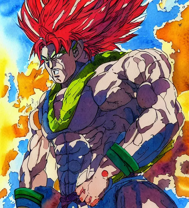 Prompt: a 3 / 4 view watercolor ink painting of broly as goku in the style of jean giraud in the style of moebius trending on artstation deviantart pinterest detailed realistic hd 8 k high resolution