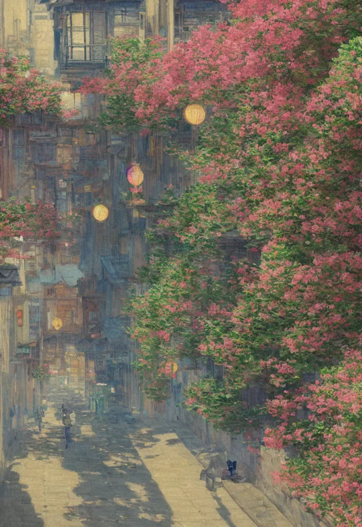 Image similar to a beautiful japanese city near the sea, amazing ryokans and gorgeous edo era houses, epic cyberpunk, lofi vibe, colorful, vivide colors, oil painting in impressionist style, by jeremy lipkin, by claude monet, by makoto shinkai, multiple brush strokes, inspired by ghibli, masterpiece, beautiful