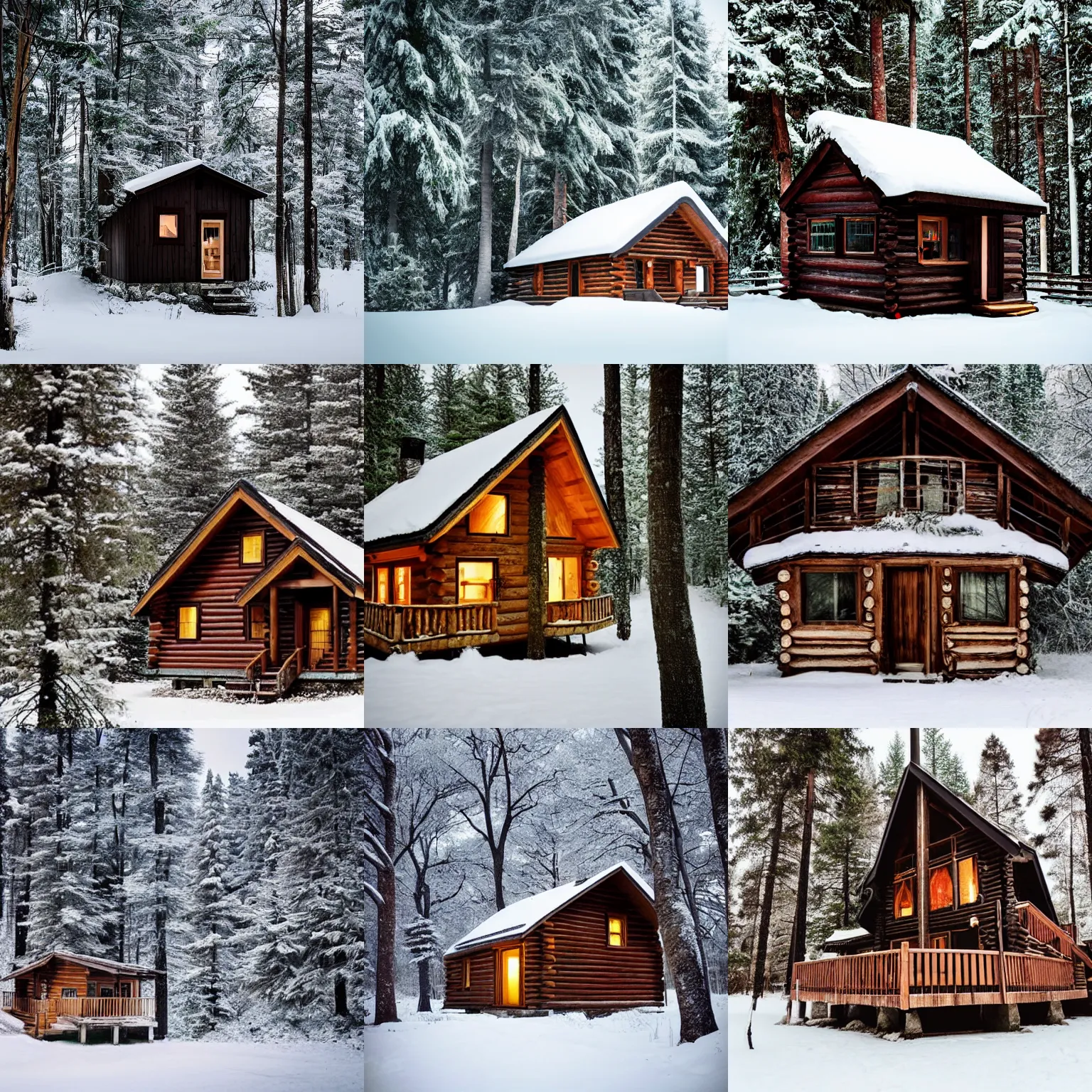 Prompt: cosy wooden cabin in the middle of snowy woods