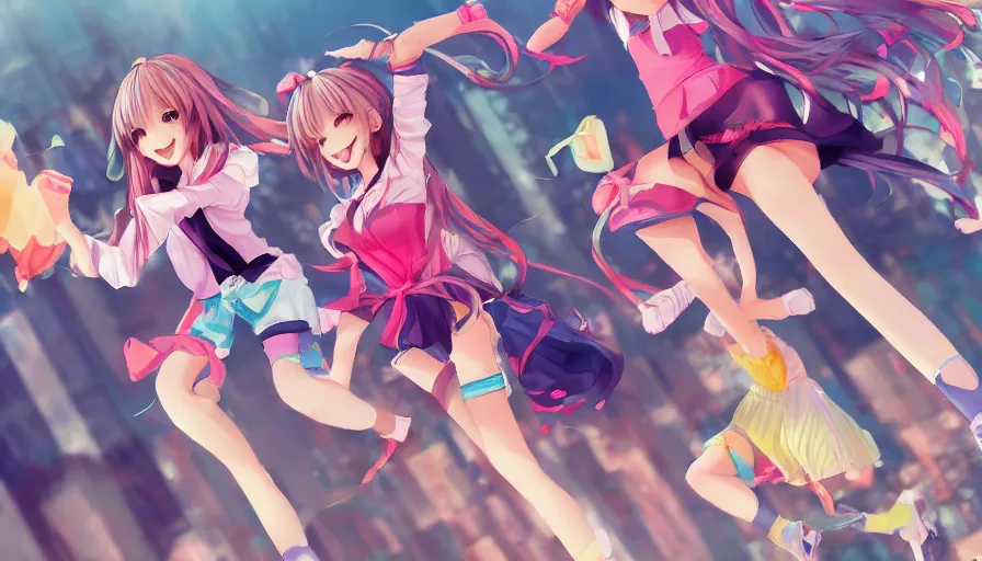 Prompt: three cute anime characters jumping, colorful outfits, realistic face, detailed face, detailed eyes, short miniskirts, lightly dressed, ultra detailed digital art, hyper real, detailed, group photo, ultra detailed, ground up angle