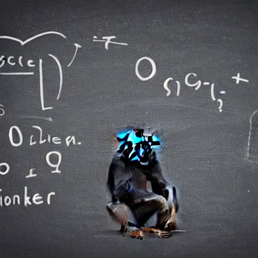 Prompt: chimpanzee!!!!!!!!!!!!!!!!!!!!!!!! scientist!!!!!! writing!!!!!! equations on blackboard chalkboard