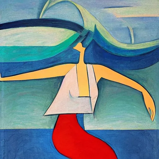 Prompt: tall elegant Woman dances by the ocean while the big waves approach and recede in rhythm, abstract art in the style of Cubism and Georgia o keefe,