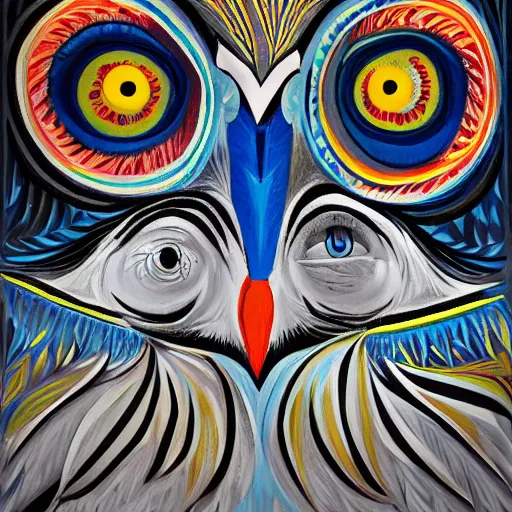 Prompt: Intricate five star Owl Shaman facial portrait by Pablo Picasso, oil on canvas, Feather Texture, high detail, matte finish, high contrast, 3d depth, masterpiece, vivid colors, artstationhd