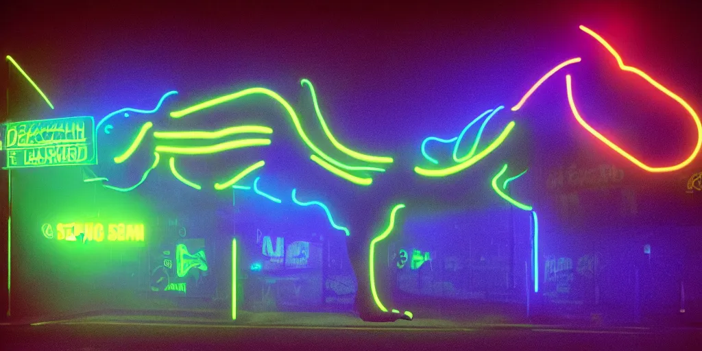 Image similar to screaming dinosaur made of neon light, 1 9 7 0 s street, neon lights, ektachrome photograph, volumetric lighting, f 8 aperture, cinematic eastman 5 3 8 4 film