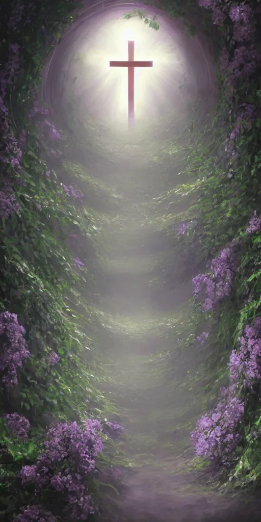 Image similar to a christian cross as the light at the end of the tunnel, with pale purple and pale pink lighting, with a few vines and overgrowth, studio ghibli, cinematic, realistic painting, high definition, digital art, symmetrical, very detailed, extremely high detail, photo realistic, concept art, unreal engine 5,