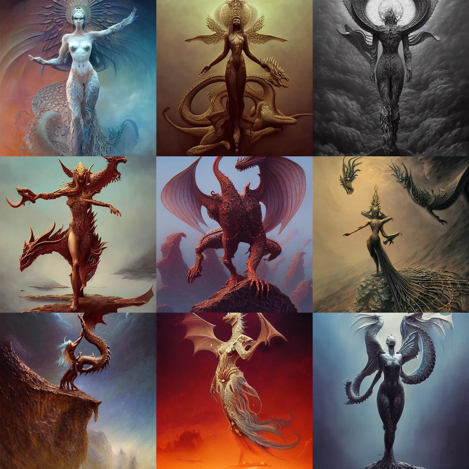 Prompt: gorgeous dynamic pose full body celestial goddess of dragons, intricate, elegant, highly detailed, digital painting, artstation, concept art, smooth, sharp focus, illustration, art by Beksiński 4K IMAX hyperrealistic,