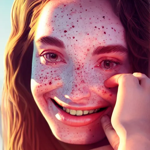 Image similar to portrait of a cute thin young woman, red blush, cute freckles, smug smile, modern clothes, relaxing on the beach, golden hour, close up shot, 8 k, art by irakli nadar, hyperrealism, hyperdetailed, ultra realistic