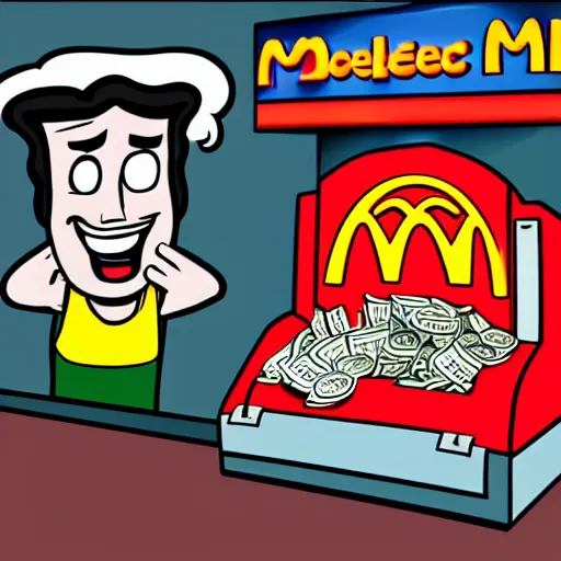 Prompt: Tim Dillon working at McDonalds because he lost all of his money leverage trading bitcoin, mike judge art style, 90s mtv illustration