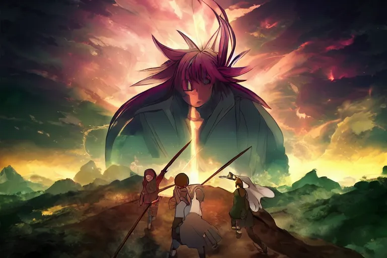 Image similar to cell shaded anime key visual of a fantasy wizard battlefield, lots of explosions, magic spells, in the style of studio ghibli, moebius, makoto shinkai, dramatic lighting