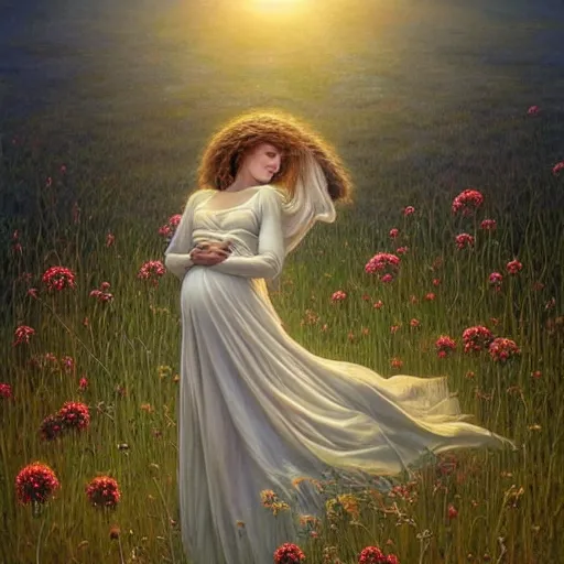 Prompt: a beautiful portrait of a pregnant woman in a white cotton dress pondering life as she watches the sun set, nature, field of wild flowers, deviantart, fantasy art, sunrays shine upon it, deviantart, mystical, art style by zdzistaw beksinski and brian froud and peter gric and thomas kinkade