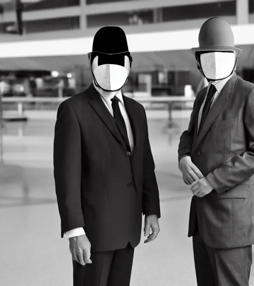 Prompt: two business men with dairy cow mask helmet standing on two feet at the airport trending flickr noir detailed portrait