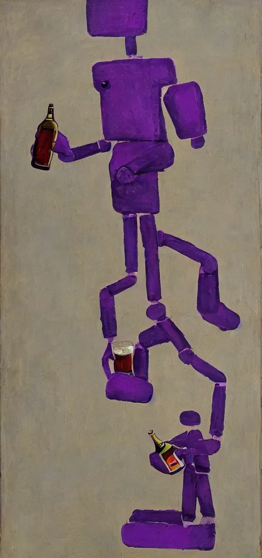 Prompt: purple robot holding a beer in the streets, azimov, painting