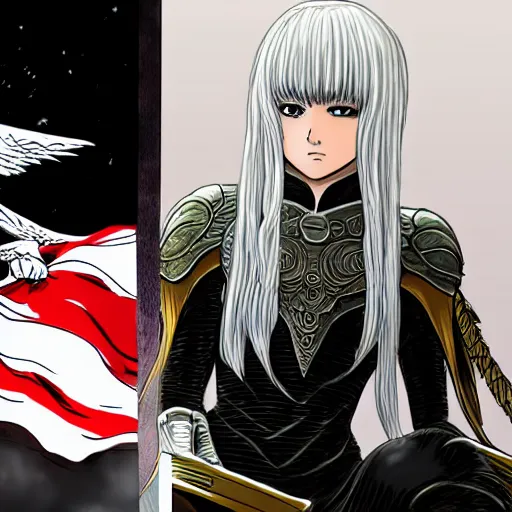 Image similar to a person cosplaying griffith from berserk by kentaro miura sitting at oval office desk with american flag