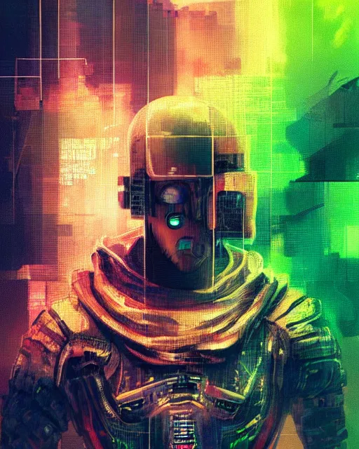 Image similar to a glitch art painting of cyberpunk cyborg knight / wizard trending on artstation deviantart pinterest detailed realistic hd 8 k high resolution