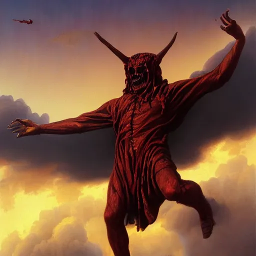 Prompt: realistic painting of a huge bloody satanic figure flying in the sky by michael whelan, ultra realistic, 8 k, streched and creepy painting. trending on, octane renderer, mesmerizing, aesthetic, beautiful