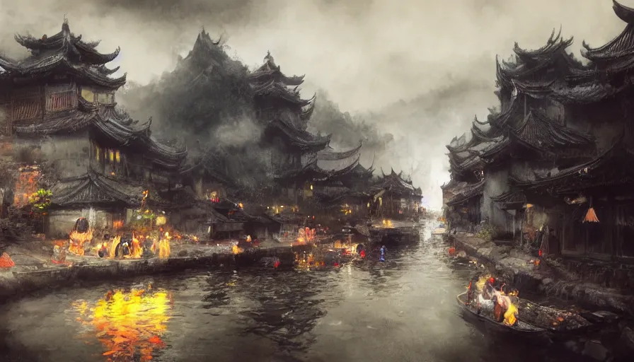 Image similar to craig mullins and wenjun lin zhongyuan festival in fujian ， lanterns in the sky ， river ， dark sky ， fire clouds ， ， village ， ghost ， unreal engine, hyper realism, realistic shading, cinematic composition, realistic render, octane render, detailed textures, photorealistic, wide shot