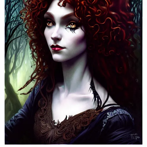 Image similar to a dark gothic version of Princess Merida, face, fantasy, intricate, elegant, highly detailed, digital painting, artstation, concept art, smooth, sharp focus, illustration, art by Gerald Brom and Tim Burton and Artem Demura and alphonse mucha