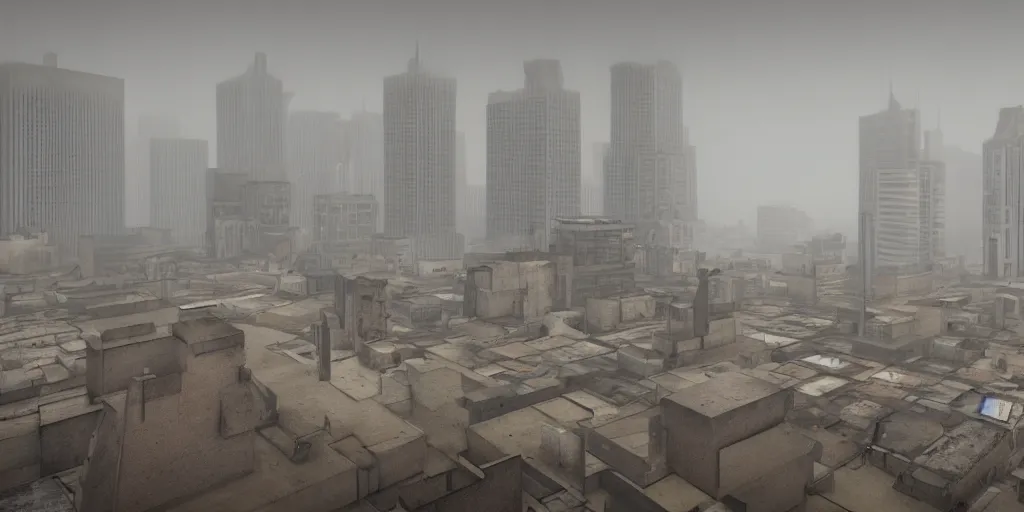 Image similar to wide - angle view of a deserted city with brutalism architecture and stone buildings with overcast and foggy weather. detailed, ultra - realistic, 4 k.