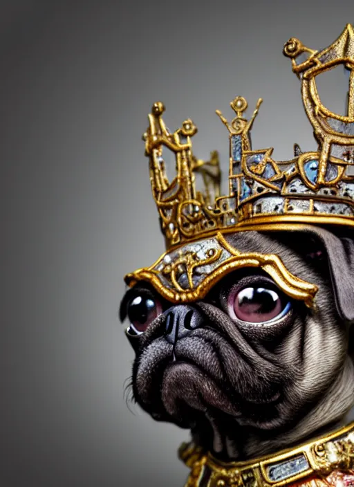 Image similar to highly detailed closeup, profile portrait of a tin toy goth anthro pug princess wearing a crown, unreal engine, nicoletta ceccoli, mark ryden, earl norem, lostfish, global illumination, detailed and intricate environment