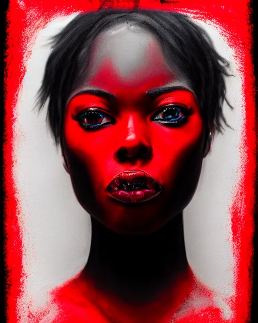 Prompt: realistic portrait of a black figure with red background, dark art, facing camera, photo realistic, detailed, 1 4 5 0, delicate, hyper realism, ultra realistic, 8 k