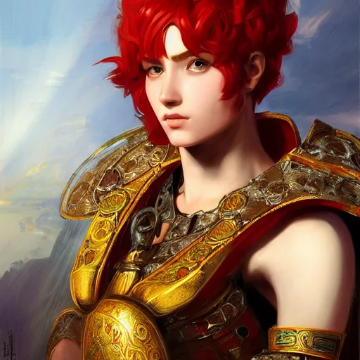 Image similar to portrait of an ancient roman character with red hair in incredible rich ornate armor, by ilya kuvshinov, by thomas lawrence, by bayard wu, trending on artstation, masterpiece