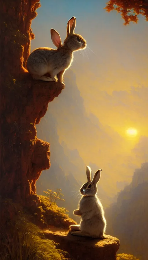 Image similar to rabbit looking off of a cliff, sun setting behind rabbit, lush forest in valley below, painted by tom bagshaw, james gurney, gaston bussiere, craig mullins, j. c. leyendecker 8 k