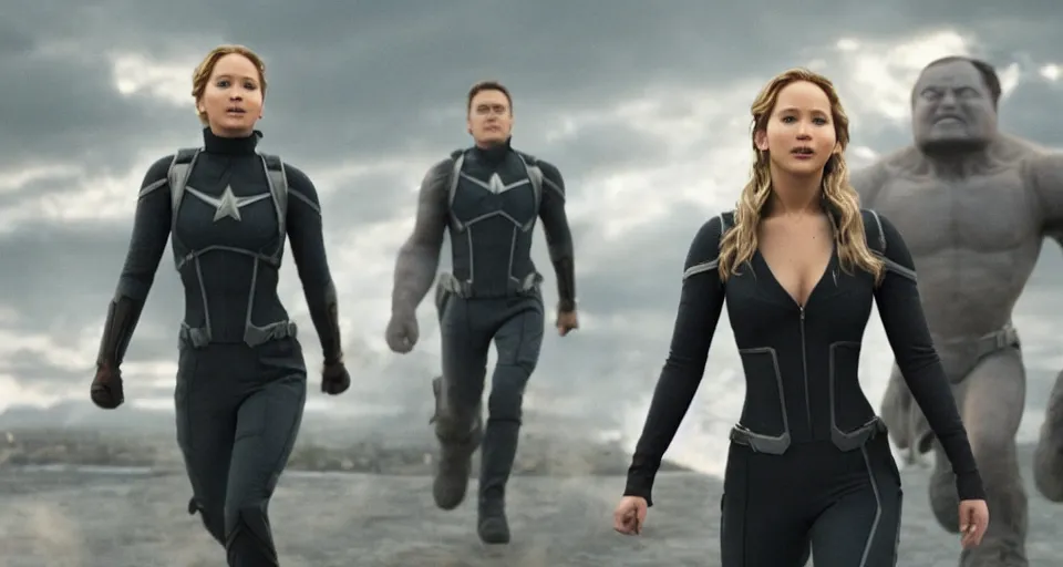 Image similar to jennifer lawrence in the avengers, still from final scene