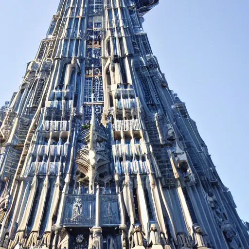 Image similar to detailed intricate futuristic, tallest tower building in the world, cathedral details, composition