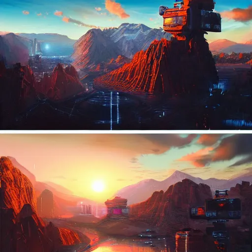 Image similar to beautiful sunset over detailed cyberpunk suburb in a valley surrounded by epic mountains with snowtops, sharp, highly detailed, hyperrealistic, kacper niepokolczycki, artgerm, syd mead, 4 k, perfect geometry