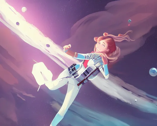 Image similar to young woman flying in space sharp focus, illustration, highly detailed, concept art, matte, trending on artstation, anime, art by tim biskup