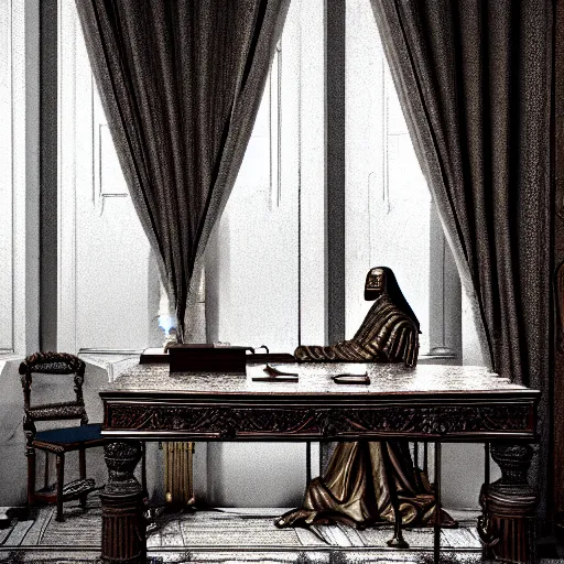 Image similar to An extremely detailed render of a mummy, sitting at his Louis XIV desk, with very old curtains in the room. The desk has a 1880 phone on it. Dusty air, god rays, raytracing shadows, ambient occlusion, 8K, RTX 3090, trending on artstation, lumens