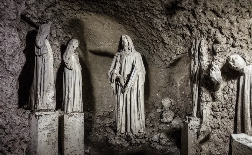 Image similar to several decrepit creepy statues of the archangel gabriel staring and smirking at the camera, placed throughout a dark claustrophobic old catacomb cavern, realistic, pitch black, depth of field, wide shot, sinister, bad lighting, foreboding, blurry grainy photo