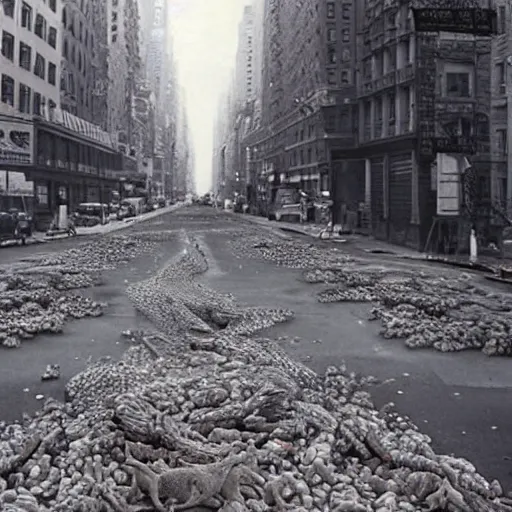 Image similar to A photograph of NewYork street that was raided by a million rabbit, Ultrarealism, real , super real, colorized