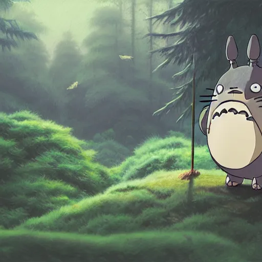 Prompt: illustration of totoro holding a large film camera, studio ghibli, pixar, high detail, award-winning, forest, digital painting, concept art, by Evgeny Lushpin