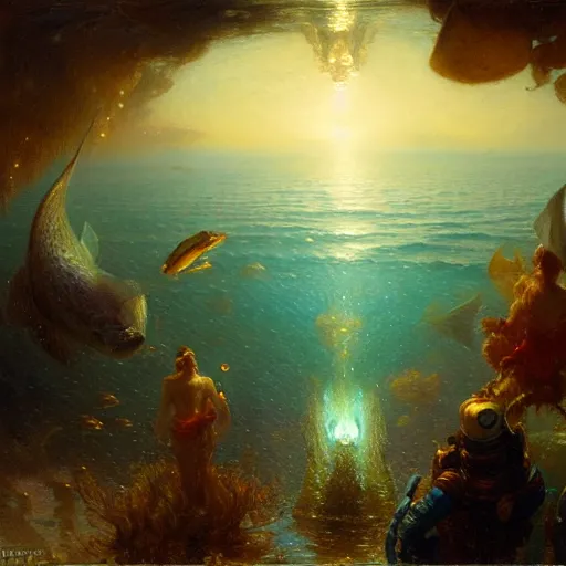 Image similar to point of view of deep in the ocean looking up, you see fishes, higher up you see very clearly the milk way illuminating the sea down bellow, night time. highly detailed painting by gaston bussiere, greg rutkowski 8 k