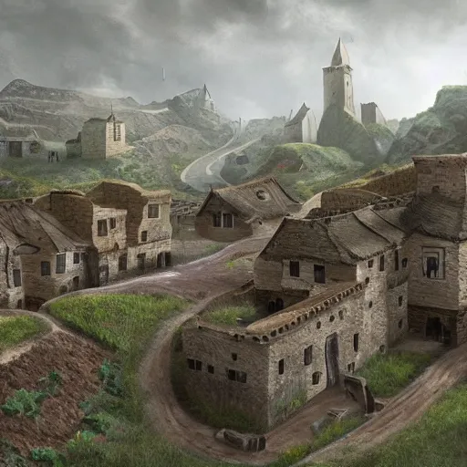 Prompt: a quiet village built into a series of dirt terraces, dungeons and dragons, digital art, 4 k ultra hd