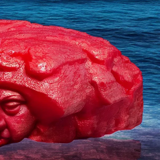 Image similar to a giant benjamin netanyahu sculpture made out of juicy red jelly on ocean surface, long shot, hyper detailed, hyper realistic, ray tracing, 8 k resolution, sharp focus, realistic water, award winning