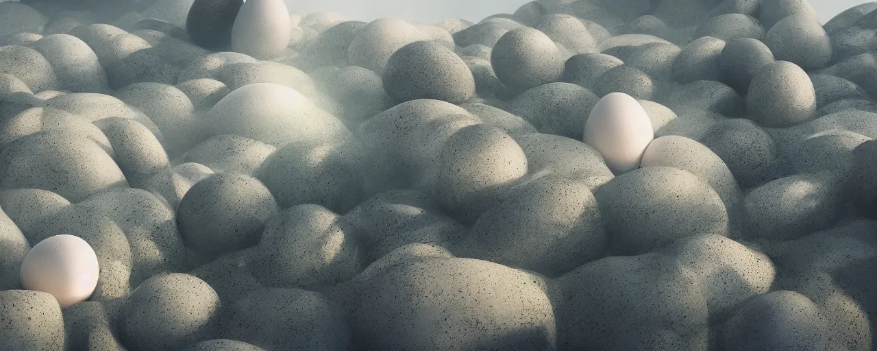 Image similar to ” otherwordly landscape with eggs covered in thick cream, [ by wlop, cinematic, detailed, epic, widescreen, opening, establishing, mattepainting, photorealistic, realistic textures, octane render ] ”