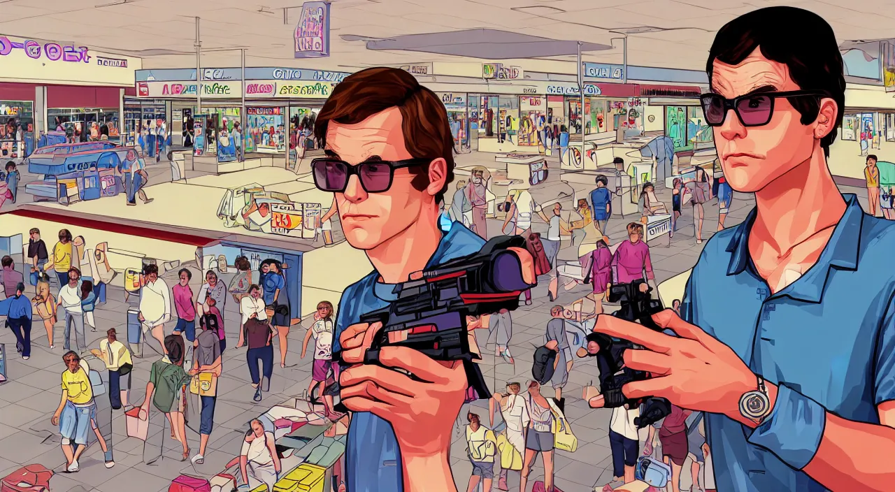 Image similar to GTA V illustration of 1980s nerdy white teenager on the cover of GTA V, in the food court of a 1980s shopping mall, wide angle lens, close up shot