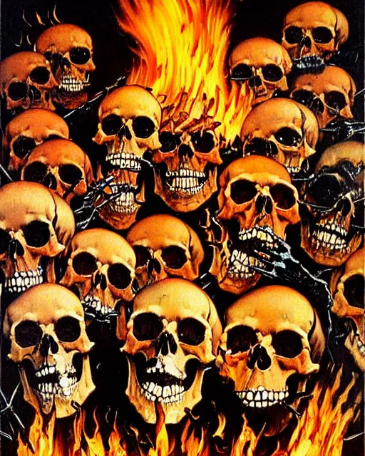 Prompt: oil geometric painting of skull skeletons burning in hell reaching for help by norman rockwell