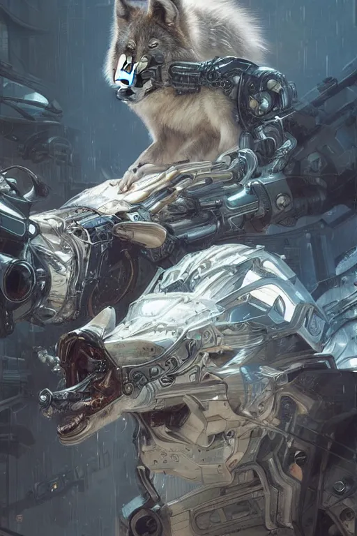 Image similar to ultra realistic illustration of a cybernetic wolf, hacknaut cyberpunk, sci - fi, fantasy, intricate, elegant, highly detailed, digital painting, artstation, concept art, smooth, sharp focus, illustration, art by artgerm and greg rutkowski and alphonse mucha