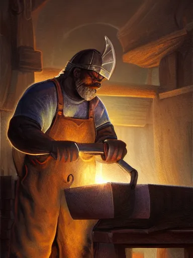 Image similar to a blacksmith striking a hammer in its anvil. working at his forge. intricate, elegant, highly detailed, digital painting, artstation, cinematic shot, concept art, sharp focus, illustration, by justin gerard and artgerm 8 k