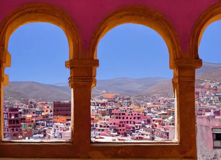 Image similar to symmetry!! seen through a window!! guanajuato city, by wes anderson