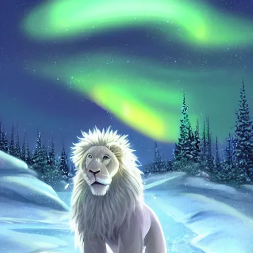 Prompt: aesthetic portrait commission of a albino male furry anthro lion in the north pole with the northern lights visible in the sky and the background while wearing a cute green jacket cozy soft pastel winter outfit, sleet rain, winter atmosphere. character design by charlie bowater, ross tran, artgerm, and makoto shinkai, detailed, inked, 2 0 2 1 award winning painting