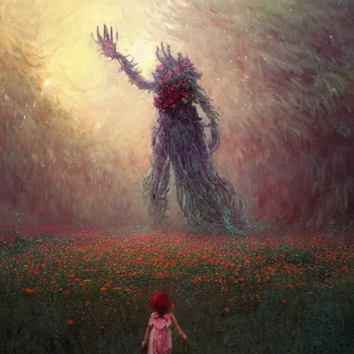 Image similar to a gigantic beautiful terrifying monster made of flowers looms over a tiny human. ethereal horror fantasy art by greg rutkowski and magali villanueve and monet