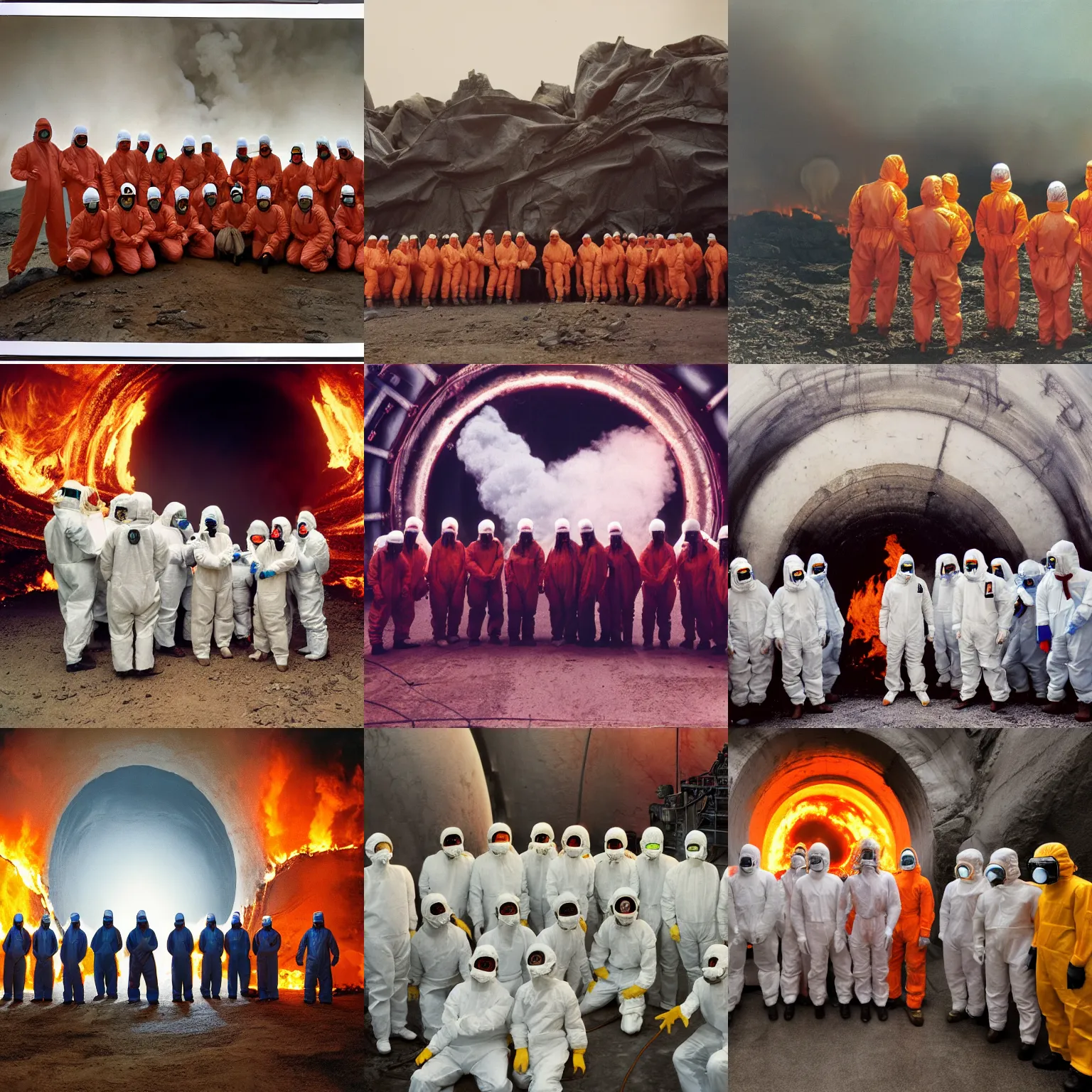 Prompt: wide - shot photo of a group of scientists in hazmat suits, standing by a hell open rift portal, by shaun tan, codachrome, hellish, fire, smoke, machines, 8 k, hd, highly detailed,