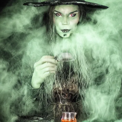 Prompt: close shot of a witch in her lair brewing a magical potion, depressing, gloomy, tired, detailed, witch hat, dungeon, green smoke, fire, smoke, realism, realistic, hyper detailed, green lighting, ambient lighting, green smoke, fog, smoke, cinematic lighting, haze, bokeh, trending on artstation, detailed face, symmetric face, mythical, colorful, pop art, vector art, retro,