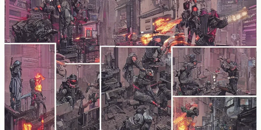 Image similar to keystone cops vs. Cyberpunk Ninjas. Epic painting by James Gurney and Laurie Greasley.